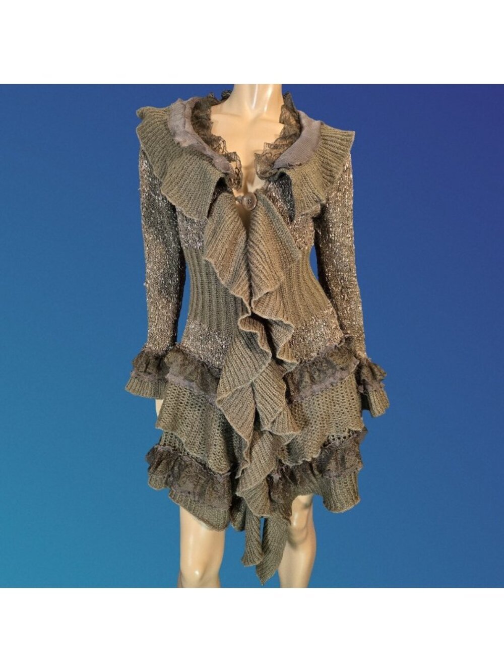 Vintage Brown Ruffled Long Cardigan Lace Trim Bell Sleeves Sz M Y2K 2000s Fairy